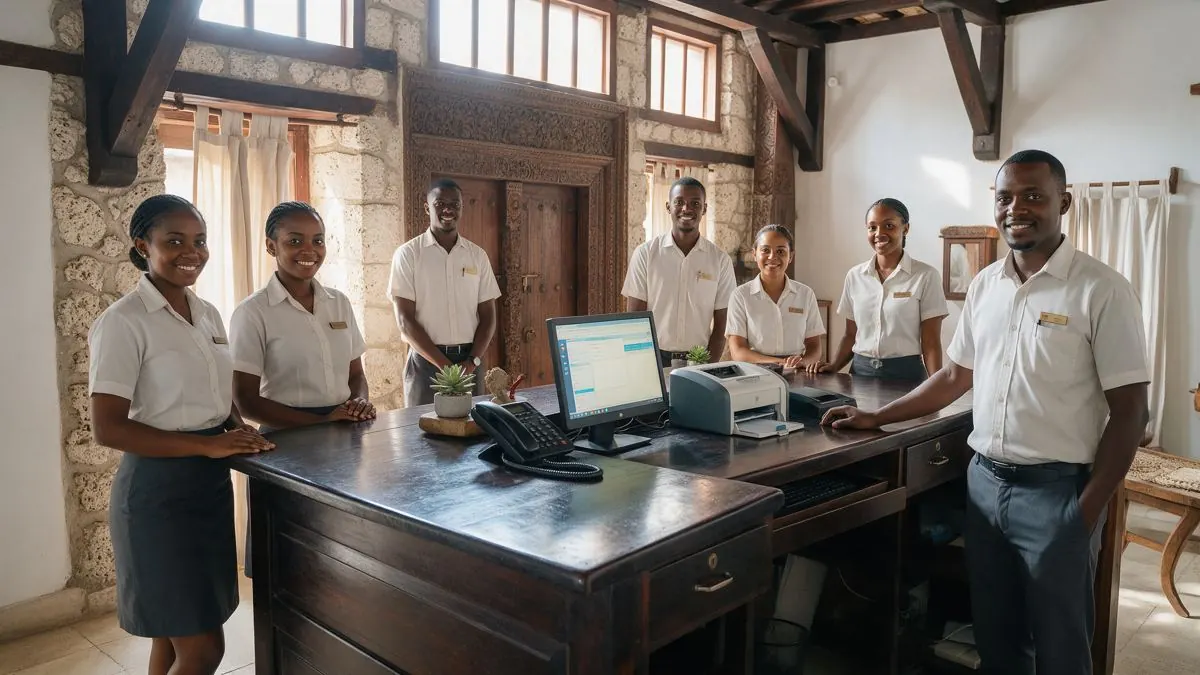 Front-office team in uniform at a hotel reception desk