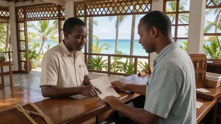 Front desk agent explaining a bill to a guest