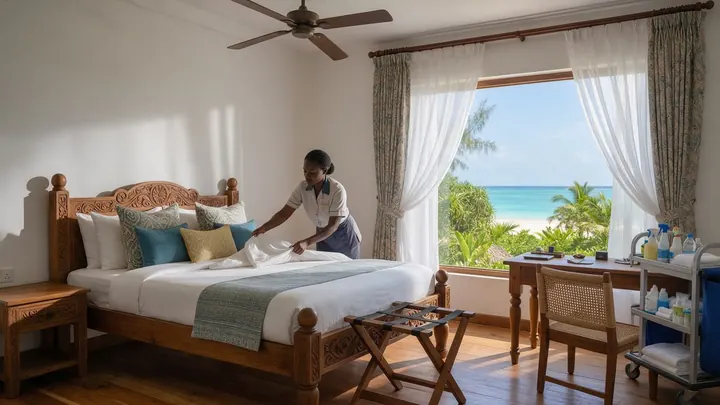 Room attendant making up a guest room