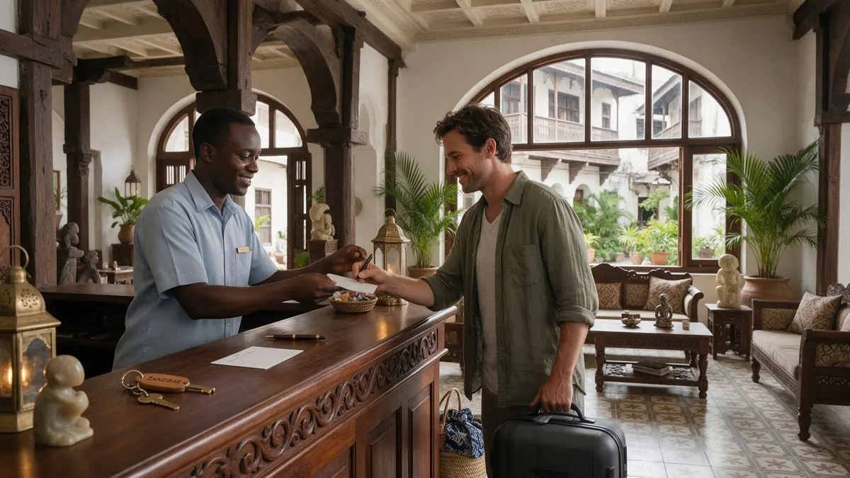 Receptionist welcoming a guest at a hotel front desk in Stone Town